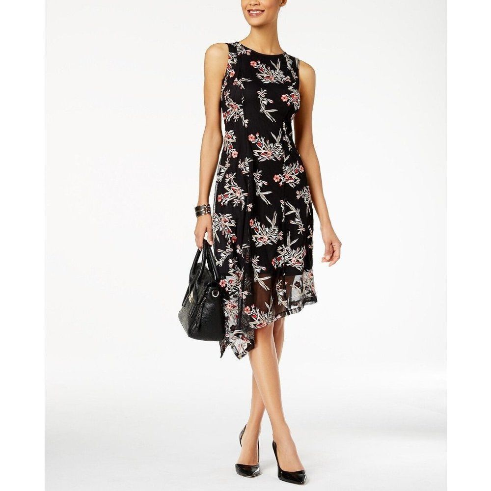 NWOT Alfani Petite Floral-Embroidered Fit & Flare Dress, 4 Petite, Deep Black.